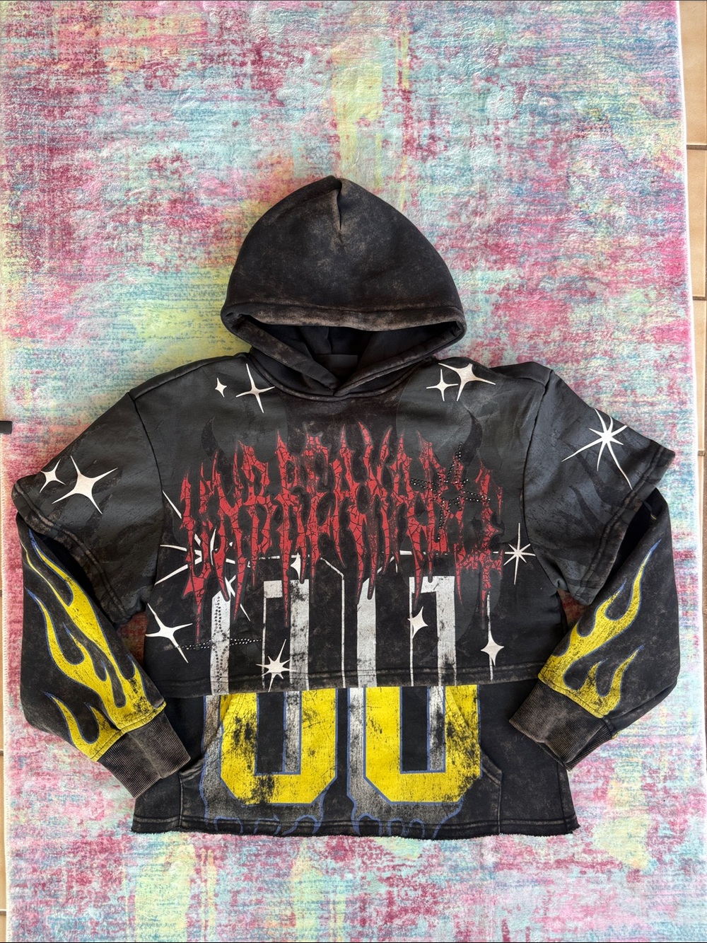 Black Hooded Lightweight Jacket with Yellow Flame Sleeve Accents